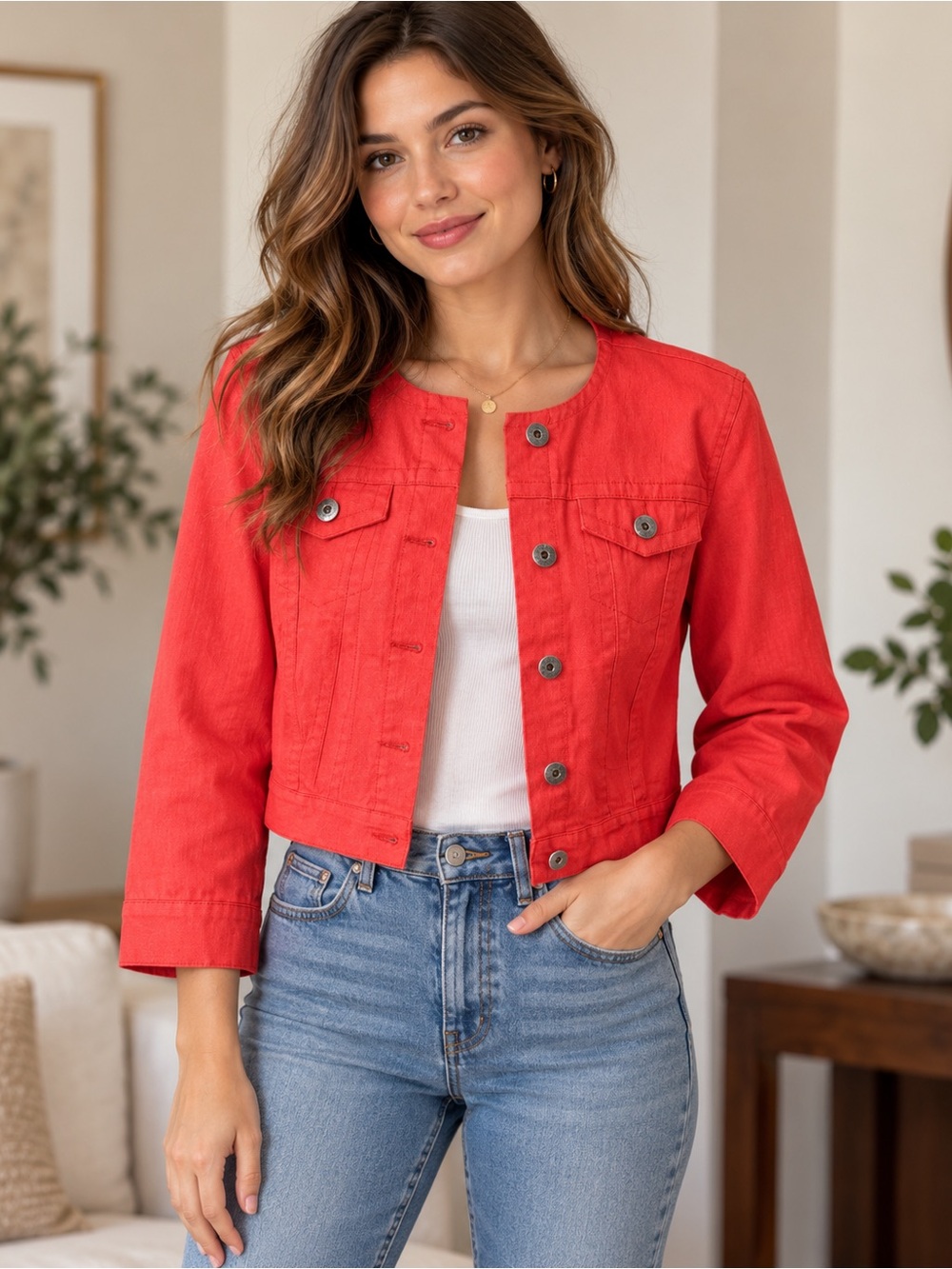 Baccini Women’s Large Red Cropped Collarless Button Front Jacket Classy